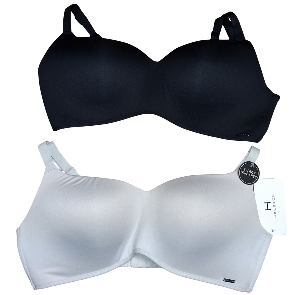 Halston Women’s 38C Modern Micro Wirefree Balconette Bra Black Gray 2-Pack New